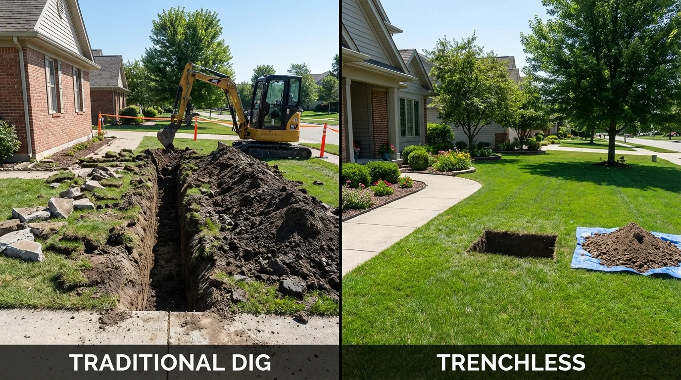 Trenchless sewer repair with minimal yard damage versus traditional excavation in Winfield, MO