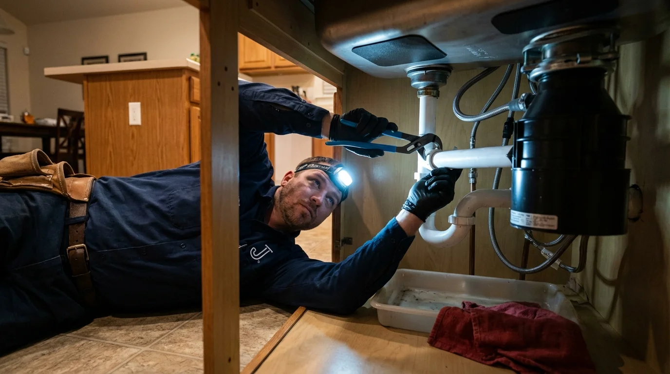 P-trap and supply line connections under a kitchen sink showing a common leak point in Winfield, MO